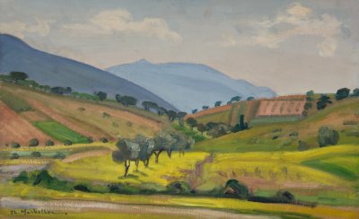Attica Landscape — Oil painting, Fiberboard, 38.00×61.00cm — Theodoros Markellos